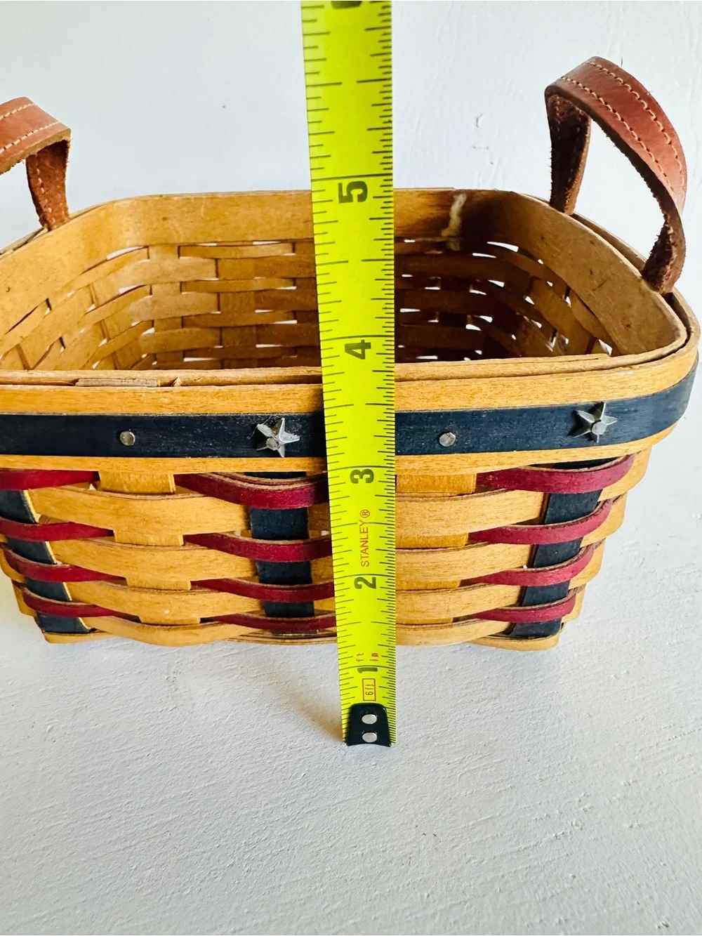 Handwoven Red & Black Accent Basket with Leather Handles